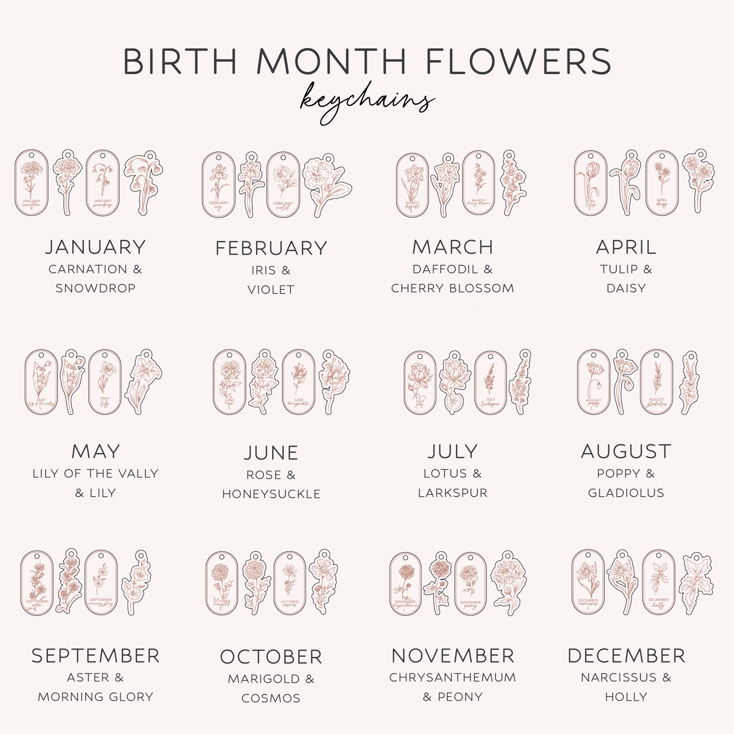 Birth Month File Set of 48 Floral Wood Keychains