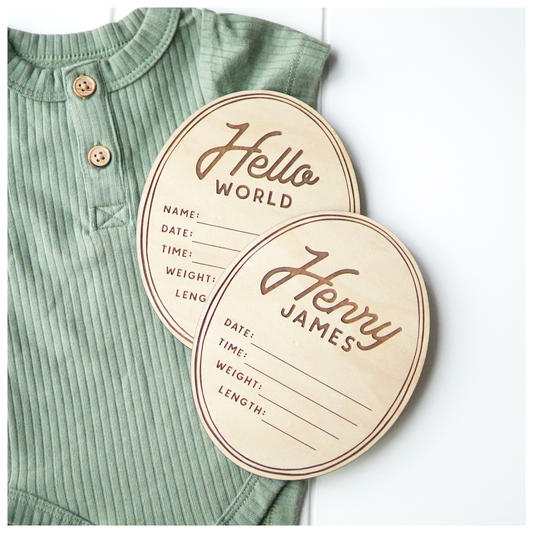 Birth Stats & Hello World Oval Engraved Signs